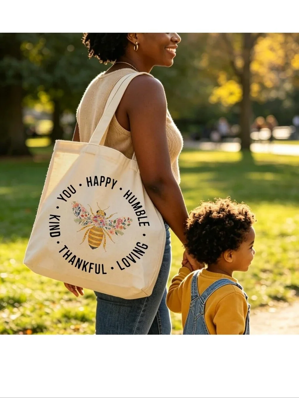 Everyday Canvas Tote Bag with Floral Bee Print - Natural